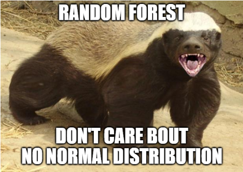 honeybadger style image saying that RFs don’t care about normal distribution